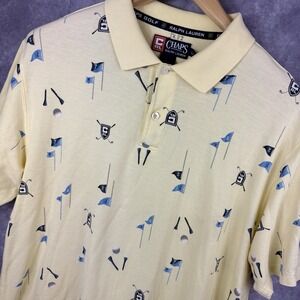 Chaps Ralph Lauren Polo Shirt Mens L Yellow Golf‎ Flags All Over Print Preppy